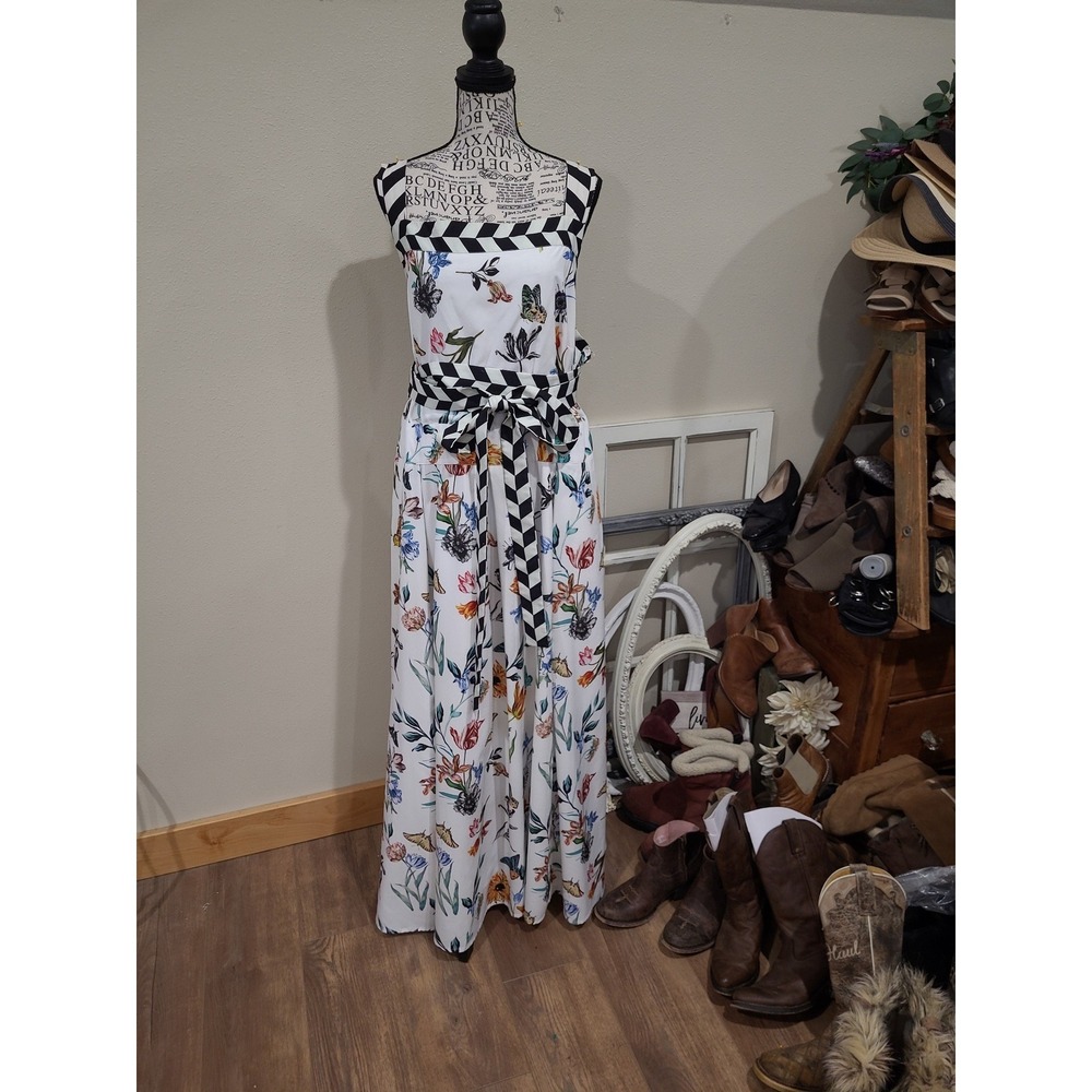 eShakti women SZ 3X-24W Maxi Dress floral w/contrast straps & wrap belt resort